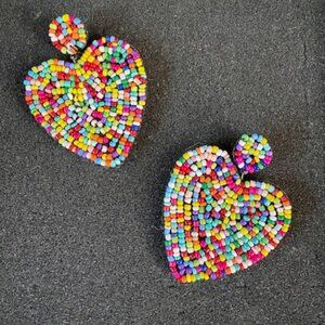 Valentine's Galentine's Day Light Multicolor Beaded Heart Statement Earrings